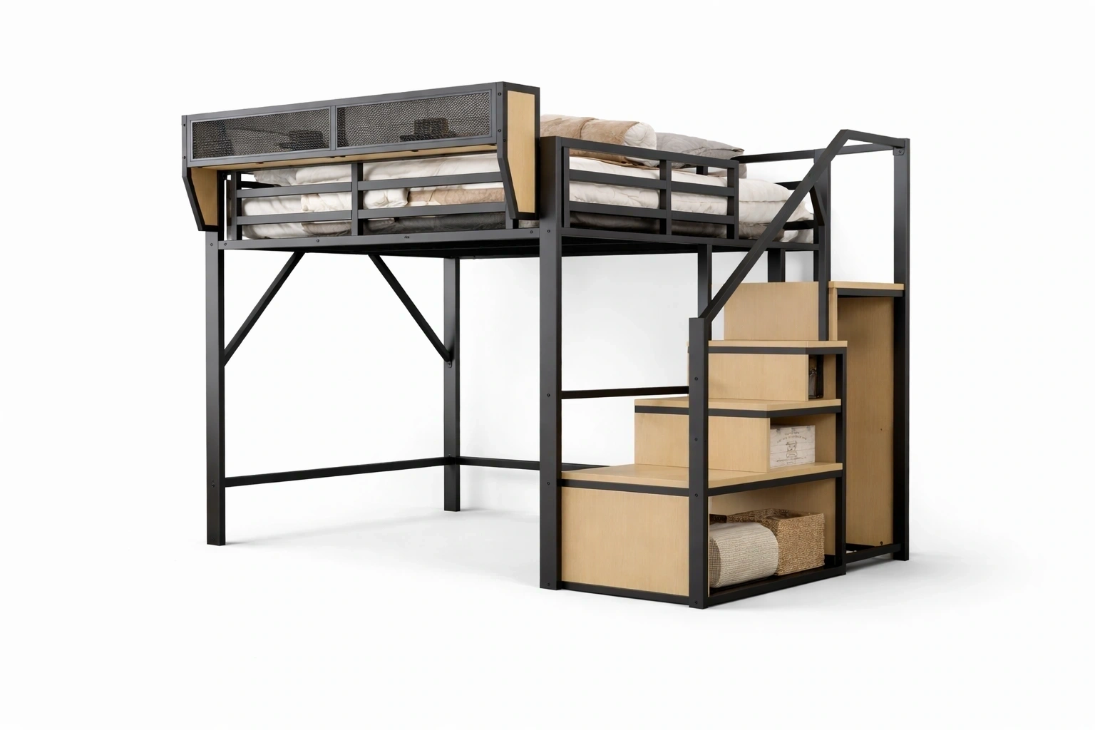 Lit mezzanine industriel noir avec escalier rangement-serqonix