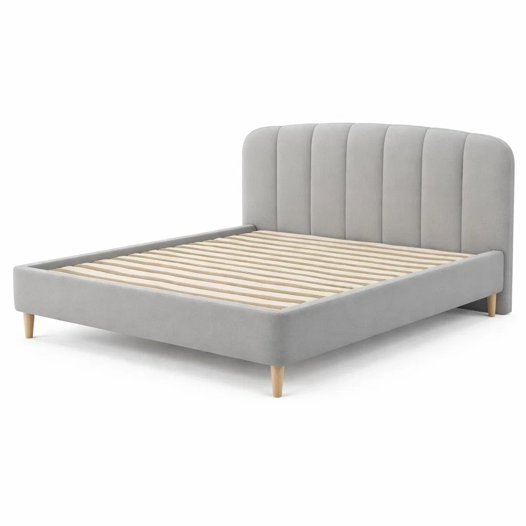 Lit rembourre gris clair avec tete de lit cannelee-serqonix