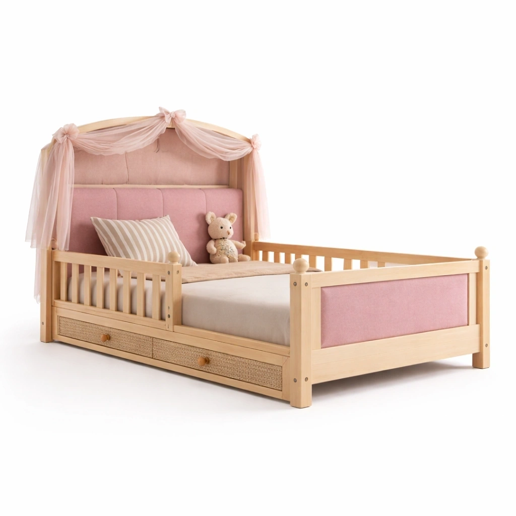 Lit enfant princesse rose avec baldaquin et tiroirs-serqonix