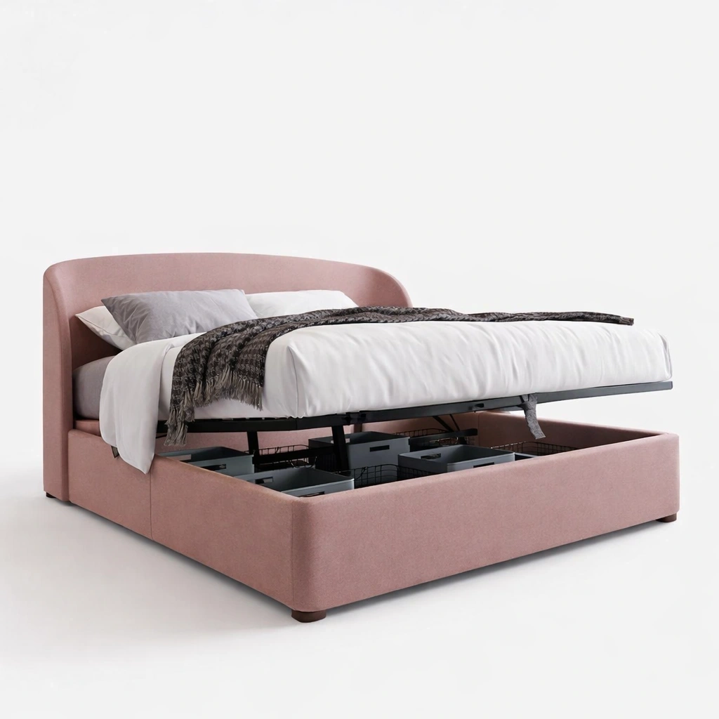 Lit coffre rembourre rose poudree avec rangement-serqonix