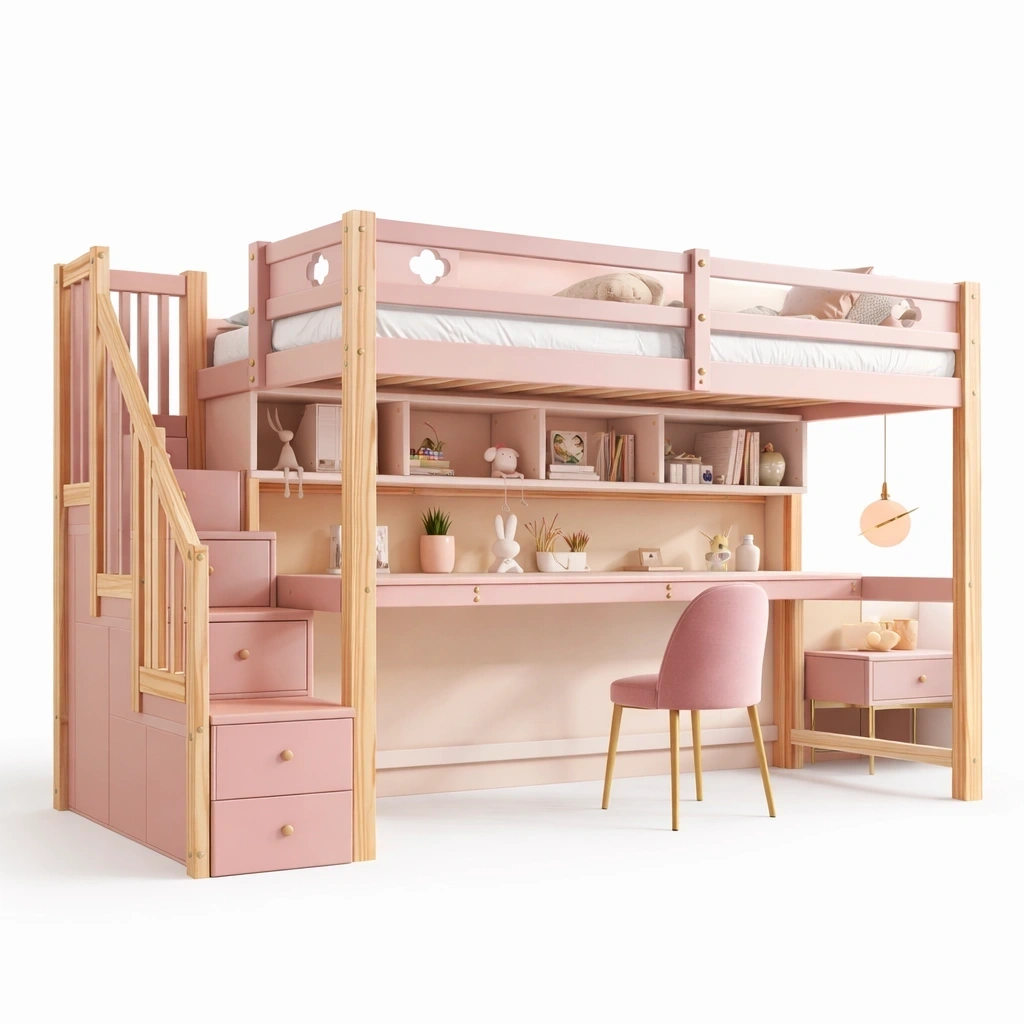 Lit mezzanine bureau rose avec escalier tiroirs-serqonix