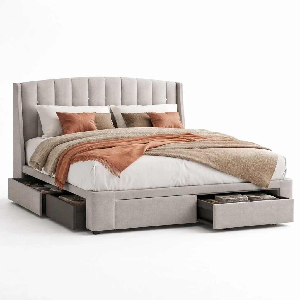 Lit rembourre gris avec tiroirs integres-serqonix