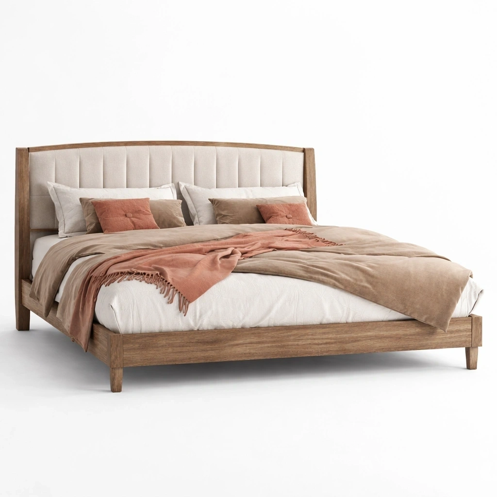 Lit adulte bois et tissu beige a dossier capitonne-serqonix