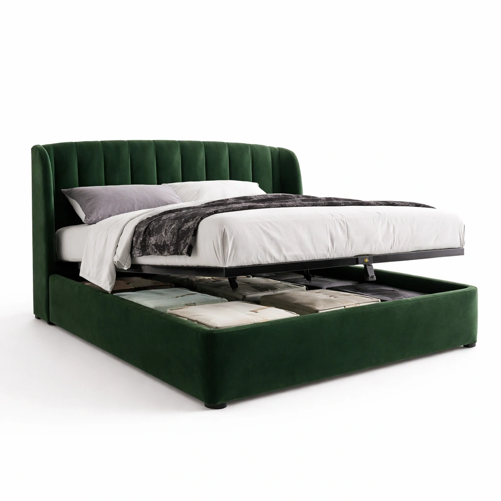 Lit coffre velours vert fonce avec rangement-serqonix