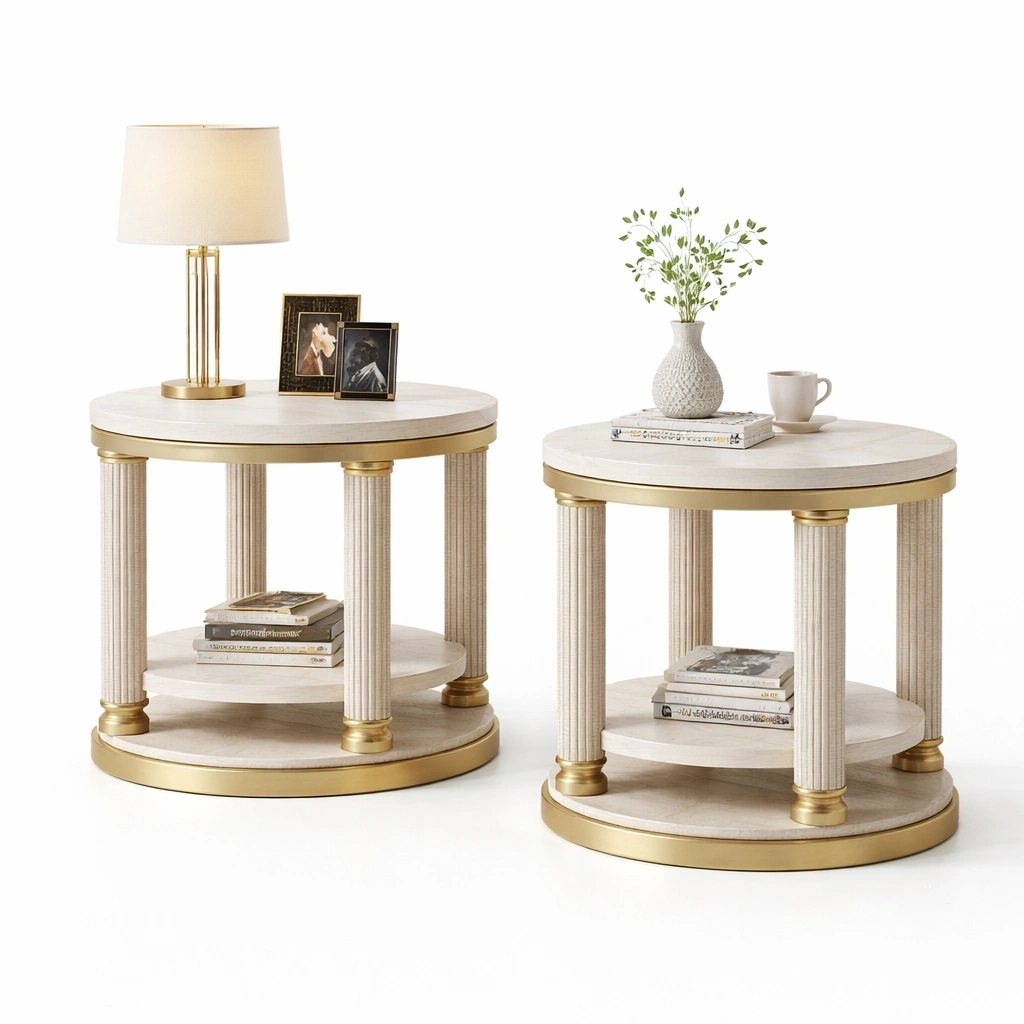 Set de 2 tables d appoint rondes blanc casse et dore-serqonix