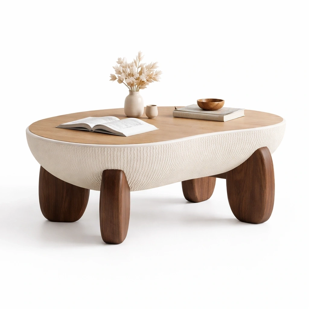 Table basse organique beige et noyer style sculptural-serqonix