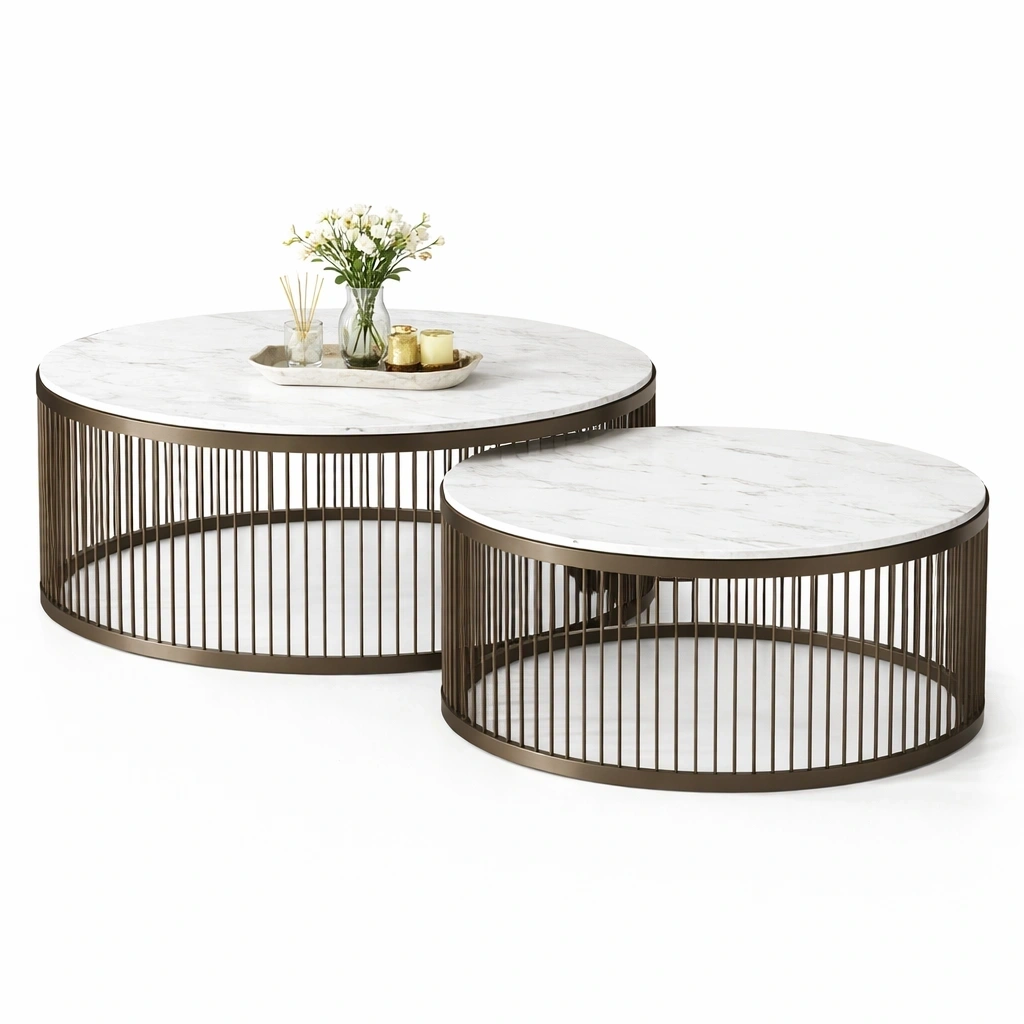 Set de 2 tables basses rondes marbre blanc et metal bronze-serqonix