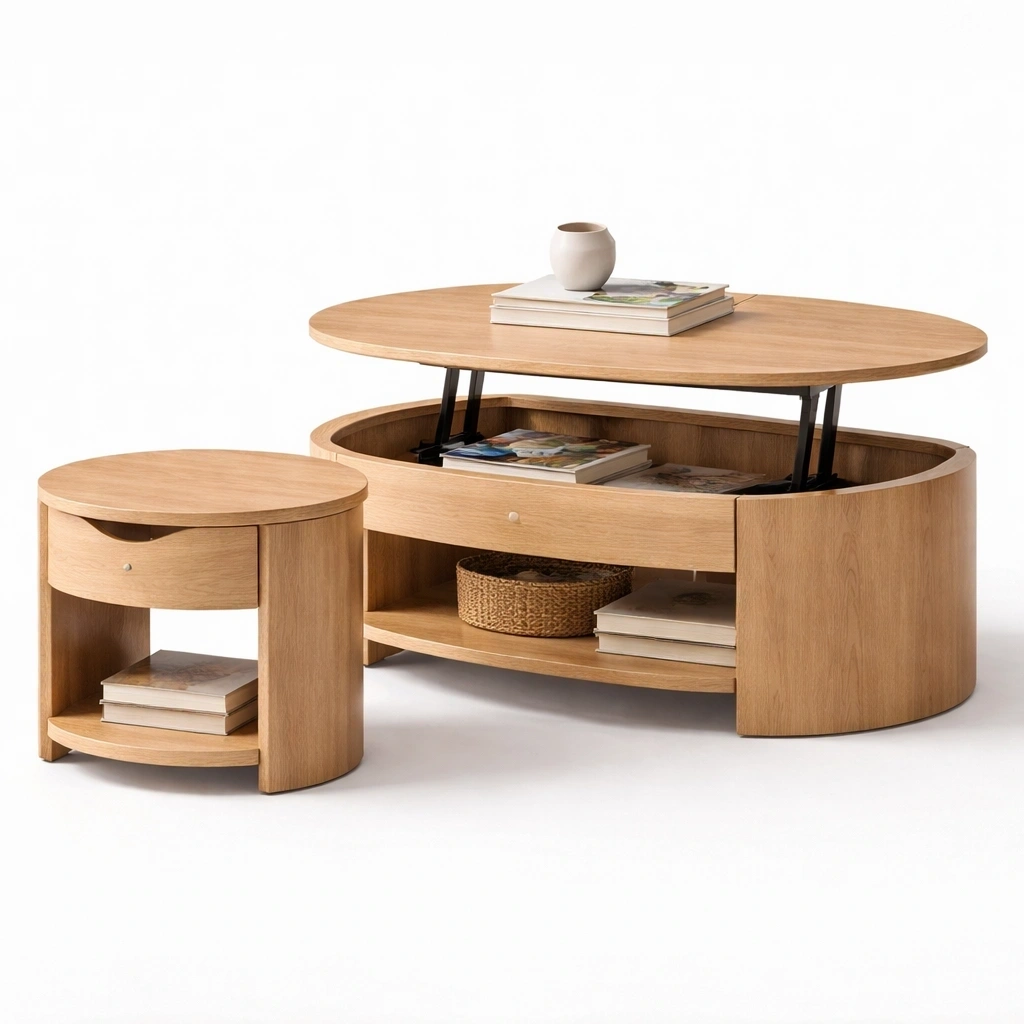 Table basse relevable ovale avec table d appoint assortie en bois clair-serqonix