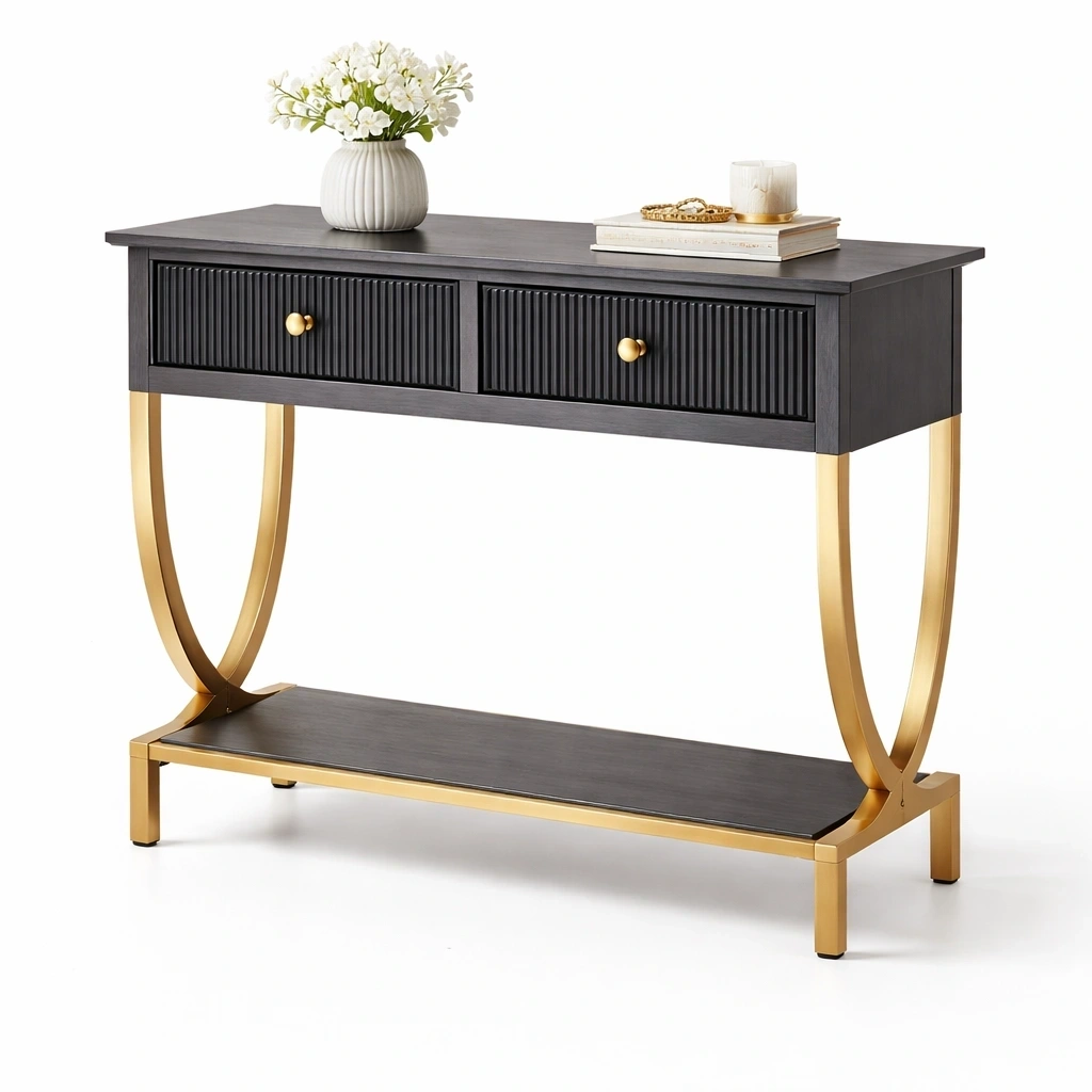 Console avec 2 tiroirs et etagere basse noir et dore-serqonix