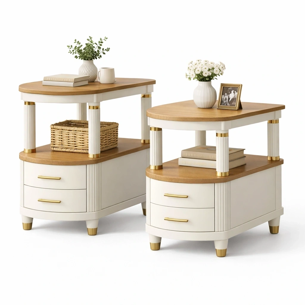 Lot de 2 tables d appoint avec tiroirs blanc casse et bois clair-serqonix