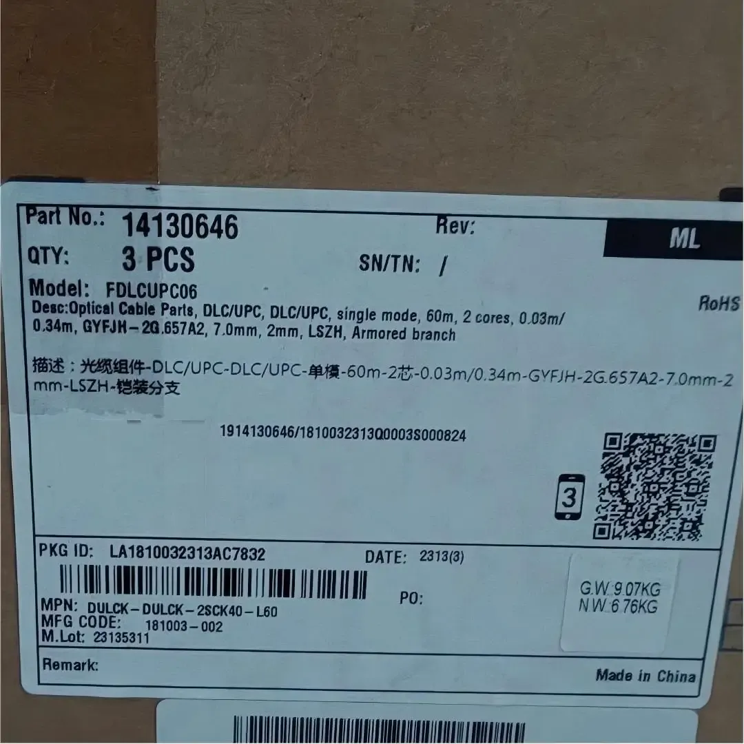 14130646 FDLCUPC06 Optical Cable Parts DLC/UPC DLC/UPC Single Mode 2 Cores 60M