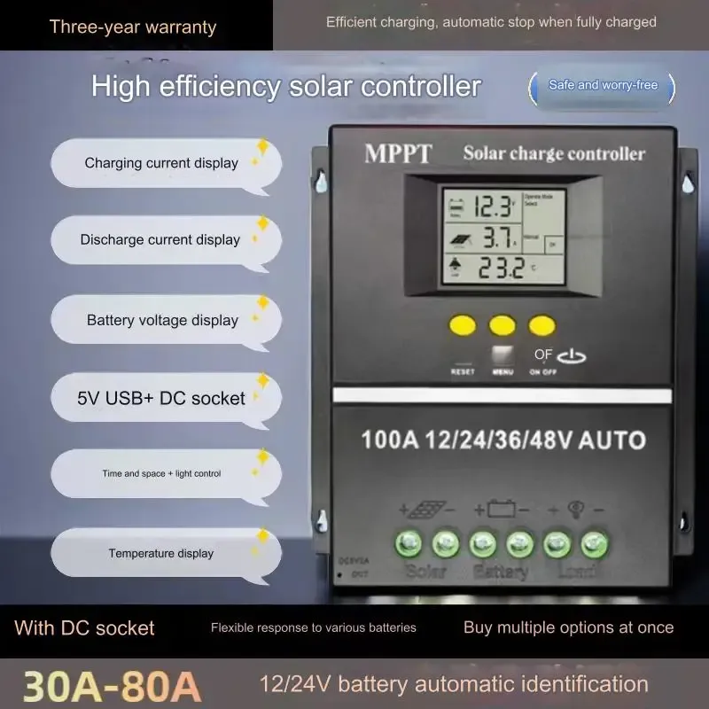 Smart MPPT 100A Solar PV Regulator AUTO 4000W 12V/24V/36V/48V Mppt Solar Charge Controller 60A Switch LED-boxintelecom
