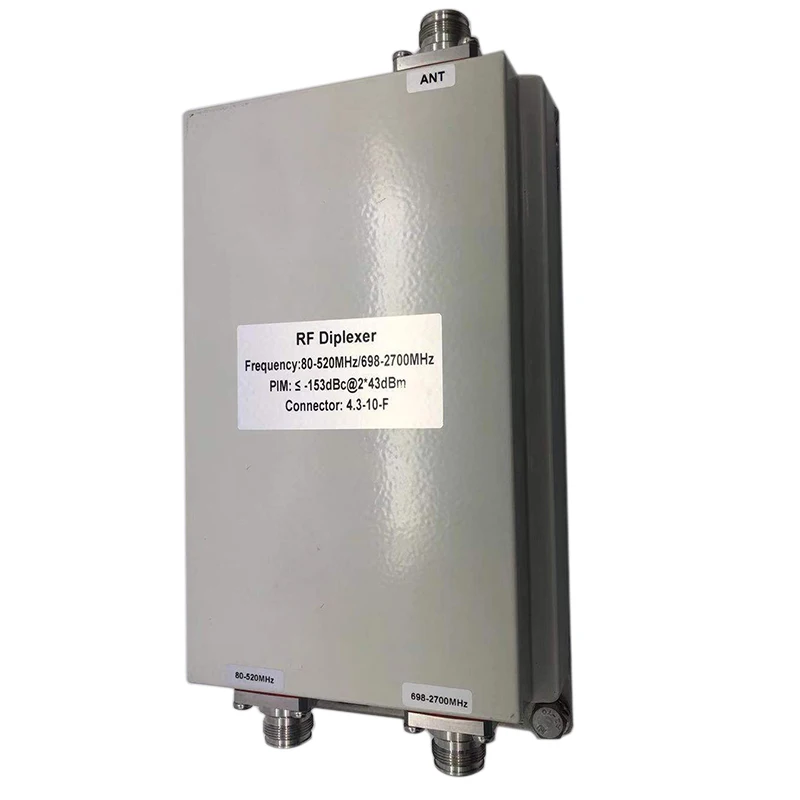 Low PIM RF Passive Cavity Diplexer Duplexer Combiner with 80-520MHz/694-2700MHz -153dBc 43