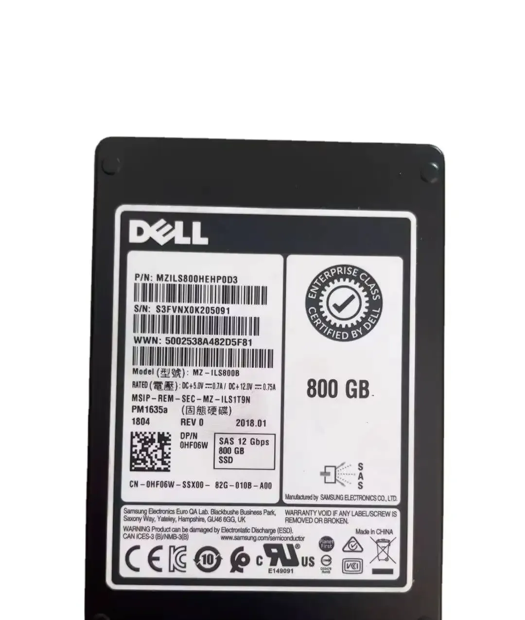 DELL PM1635a Sas 800GB 2.5-inch SAS 12Gpbs Health 95%-100% Used SSD