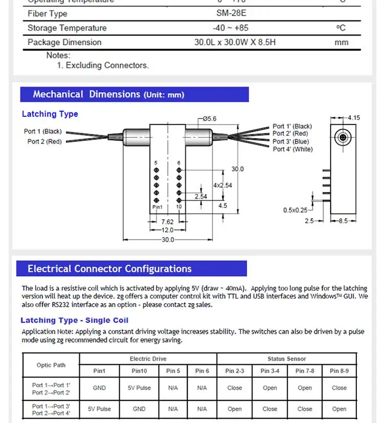 ZG TECH Dual 1x2 Singlemode Fiber Optic Switch 2x4 8 Ports 1310/1550nm Mechanical LC/SC/FC/ST Connectors FTTx Use 2 Years