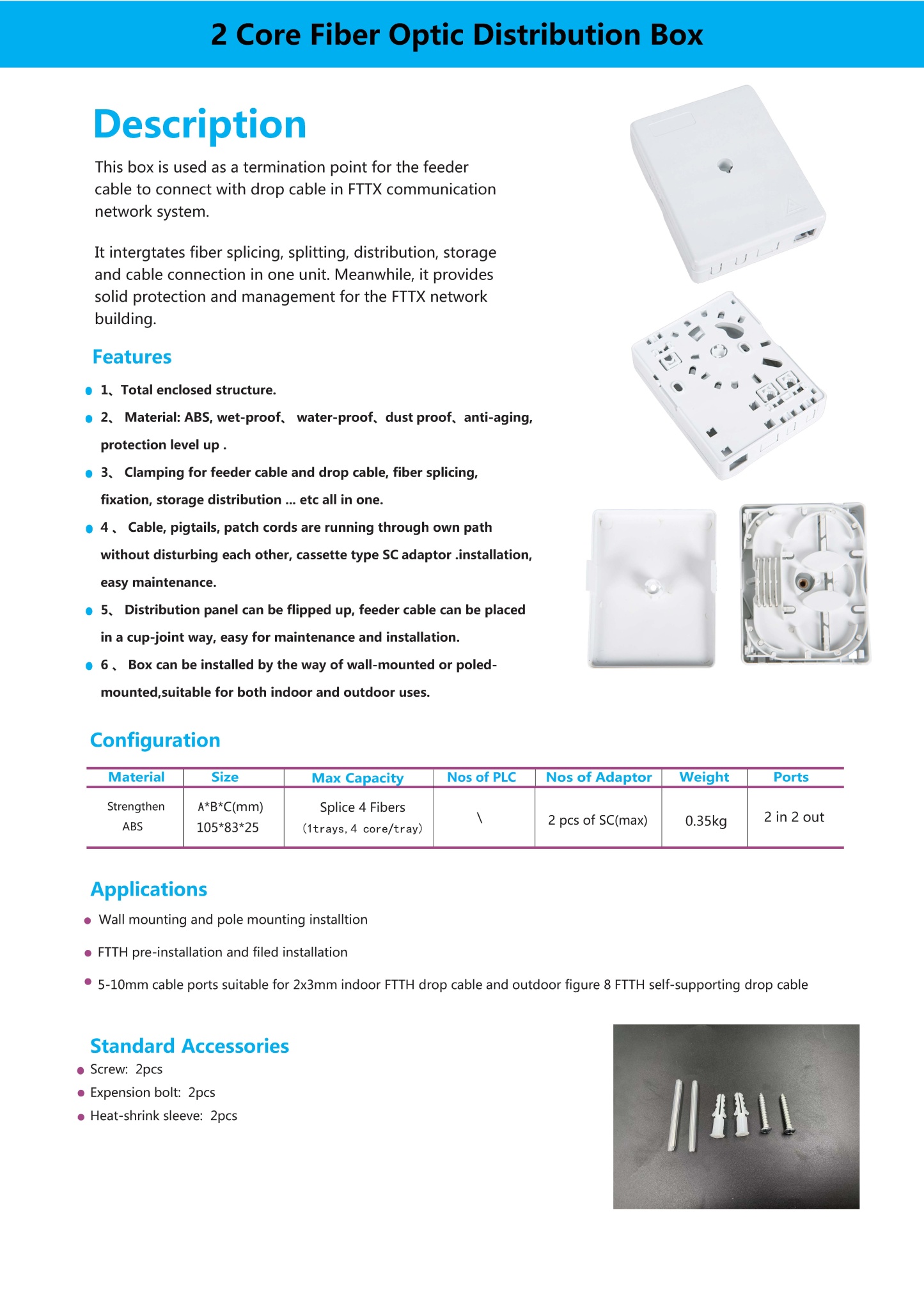 F306 2cores FTTH Indoor Mini Splice Enclosure for Fiber Optic Protection Box 2 Core Fiber 