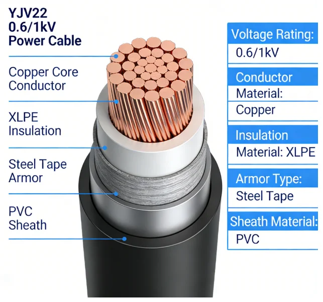 Armored Power Cable YJV22/VJLY22 0.6/1kV Copper Conductor XLPE Insulated Steel Tape Armoured PVC Sheath Corrosion/Water/Abrasion-boxintelecom
