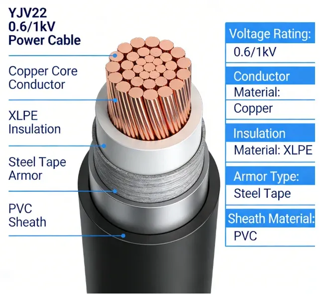 Armored Power Cable YJV22/VJLY22 0.6/1kV Copper Conductor XLPE Insulated Steel Tape Armoured PVC Sheath Corrosion/Water/Abrasion-boxintelecom