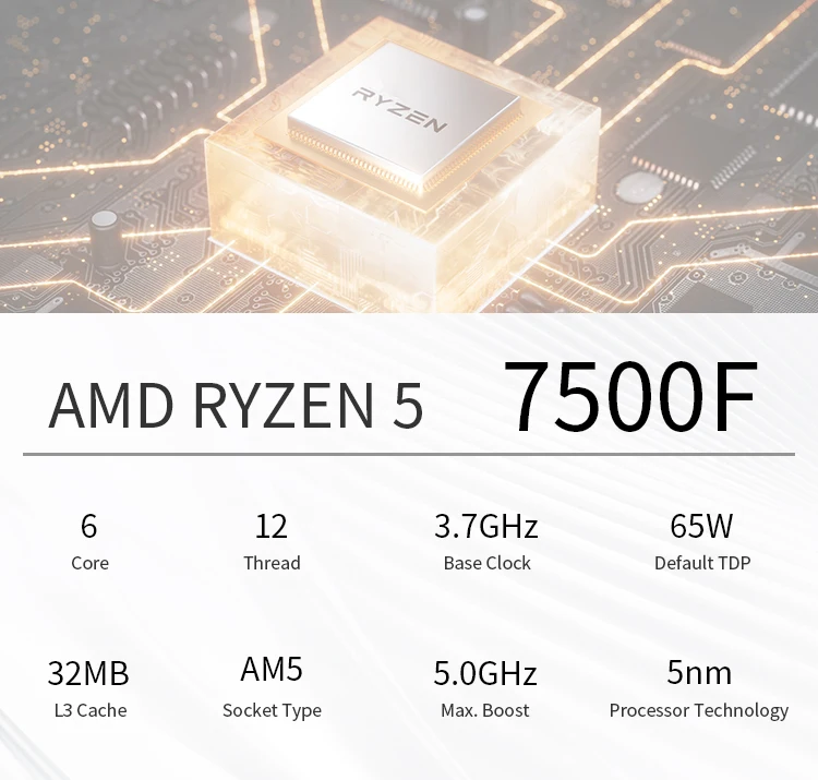 AMD Ryzen5 7500F 6 Cores 12 Threads 5GHz Desktop Computer Processor with AM5 Socket CPU