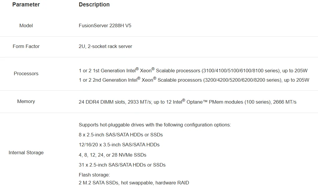 Used Hot Sale Cheap Price Huawei Fusion 2288H V5 Rack 2U Server with Intel Xeon Scalable Processor 2