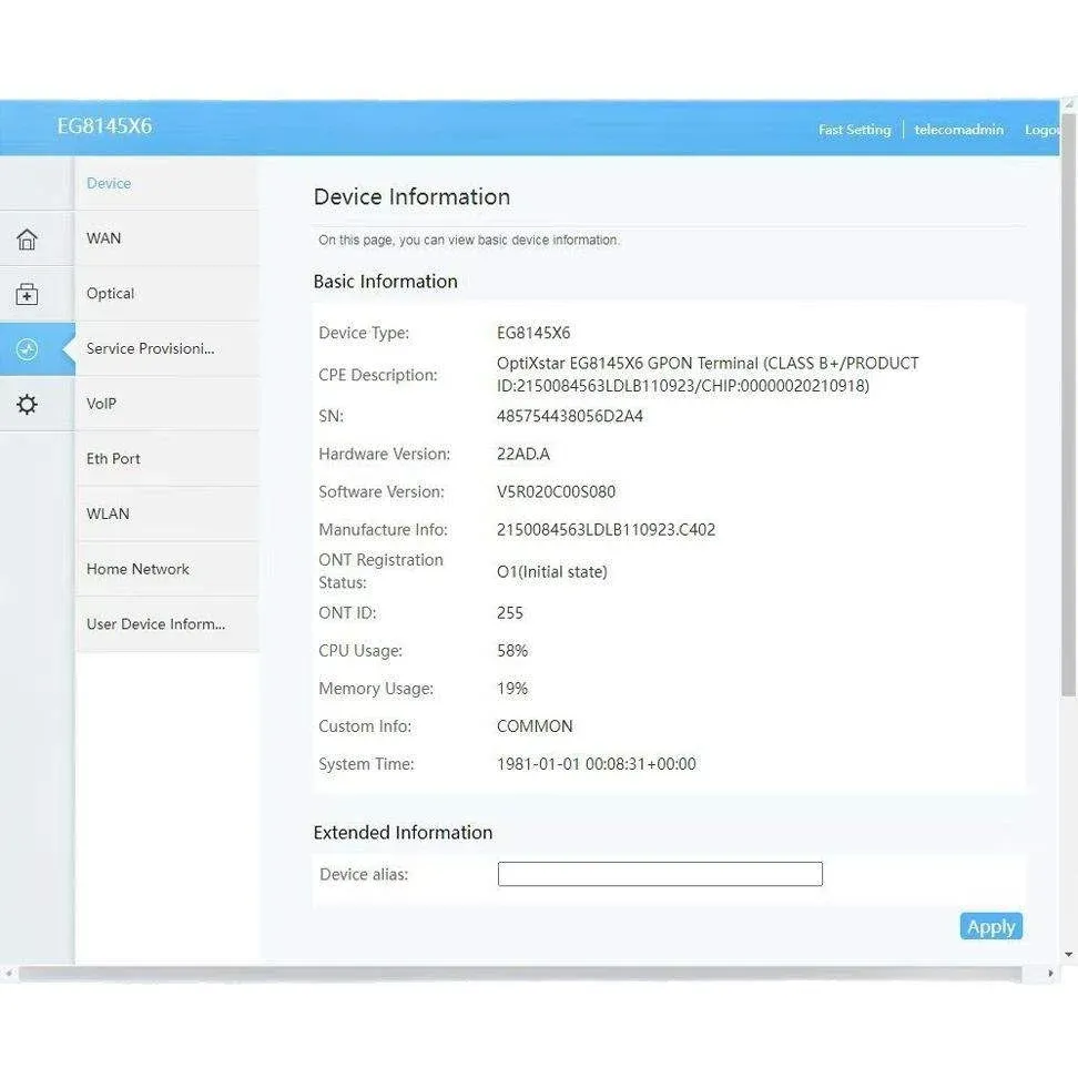 ONT EG8145X6 GPON TEL+WIFI2.4G/5G WIFI6 Dual Band FTTH Fiber Optic Equipment EG8145X6-boxintelecom