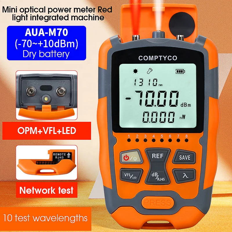 Optical Power Meter AUA-M70 Fiber Optic Tester (-70~+10dBm) Built-in VFL+OPM 4-in-1 Optica