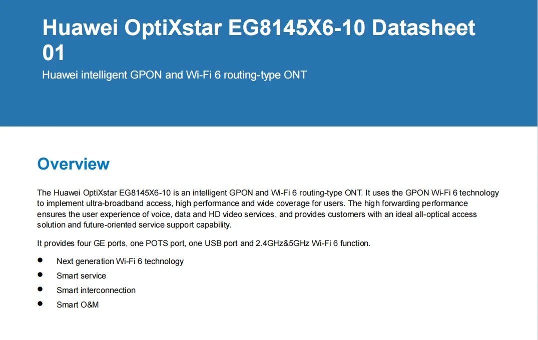 ONU ONT High Quality EG8145X6-10 GPON 4GE+2USB+1TEL+WIFI2.4G/5G WIFI6 Dual Band FTTH Fiber Optic Equipment