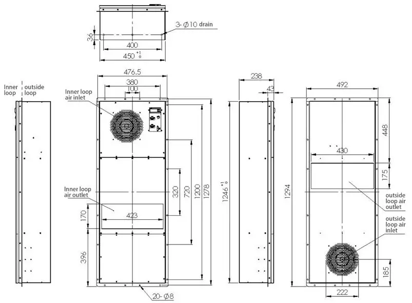 190W/K Cabinet Heat Exchanger Outdoor Telecom Base Station Communication Cabinet Cooling Unit