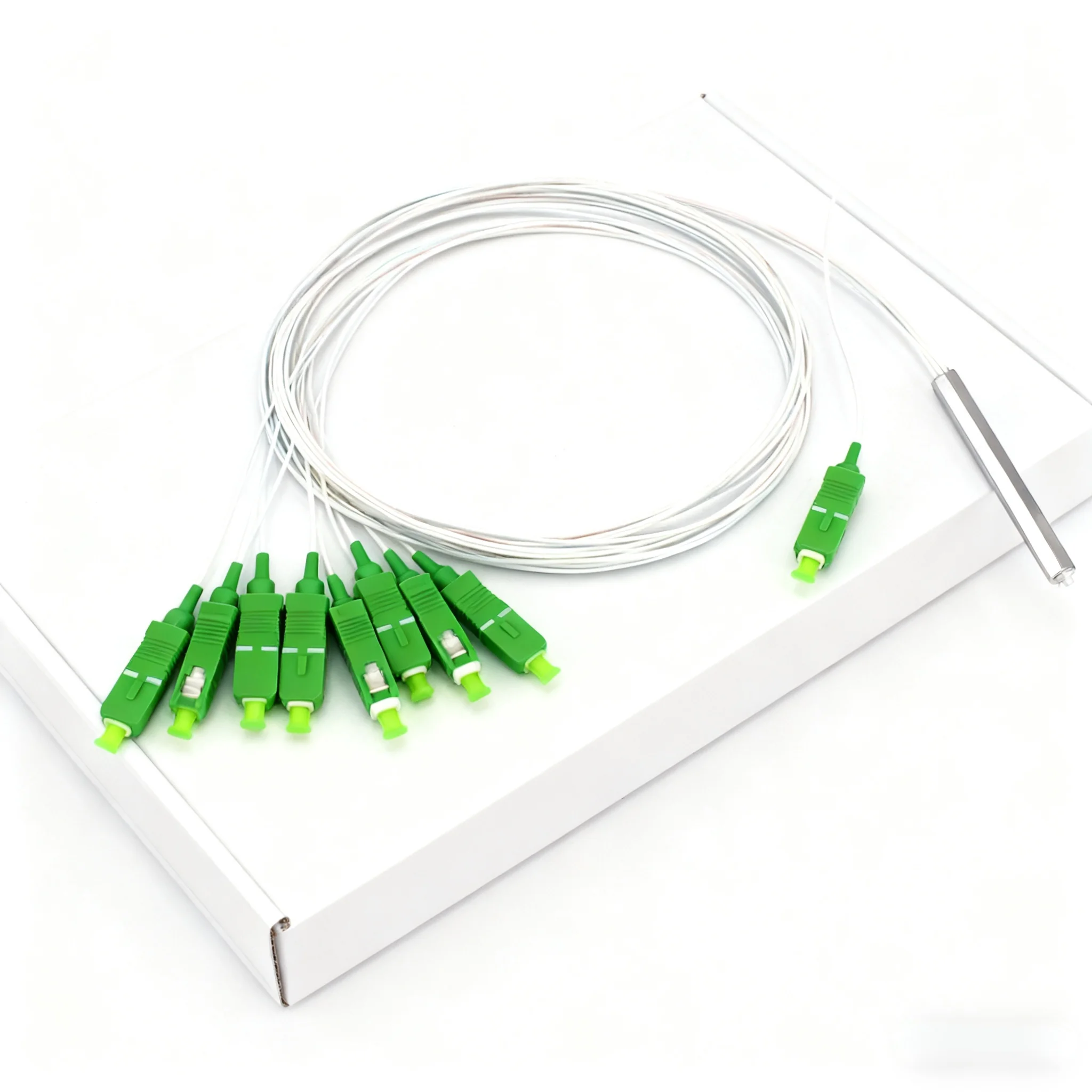 PLC 1x8 Mini Steel Tube Fiber Optic Splitter SC/APC 0.9mm Singlemode Pigtail Type