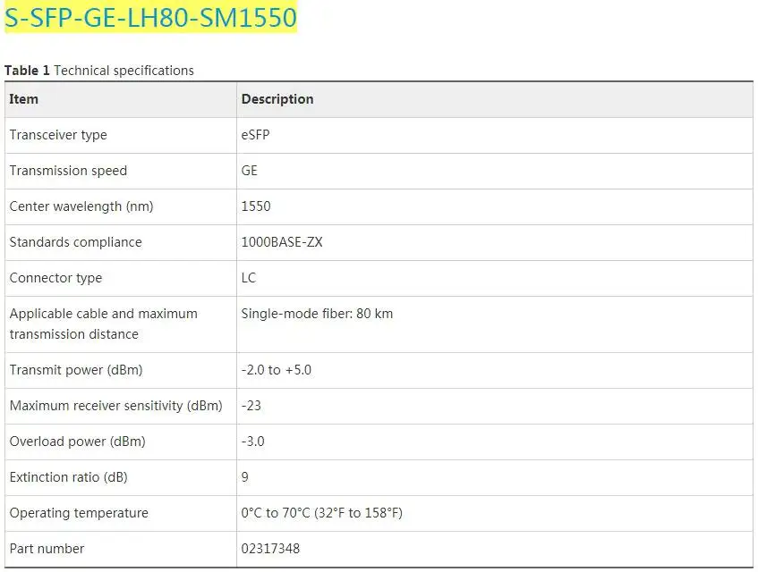 In Stock 1550nm 80km LC Single-mode Module 02317348 S-SFP-GE-LH80-SM1550 2