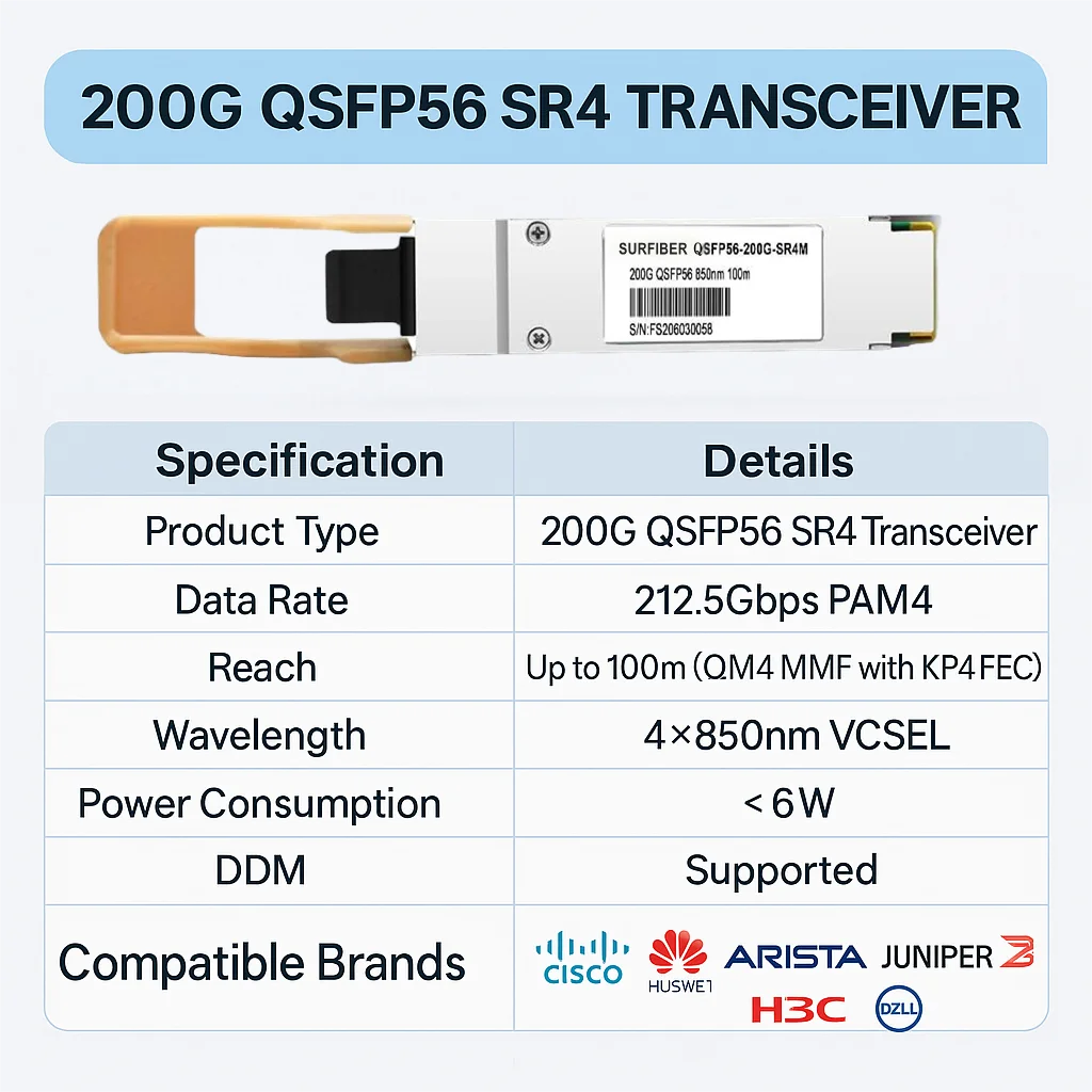 200G QSFP56 SR4 Transceiver| 850nm 100m MPO-12| Compatible with Cisco Huawei Arista Junipe