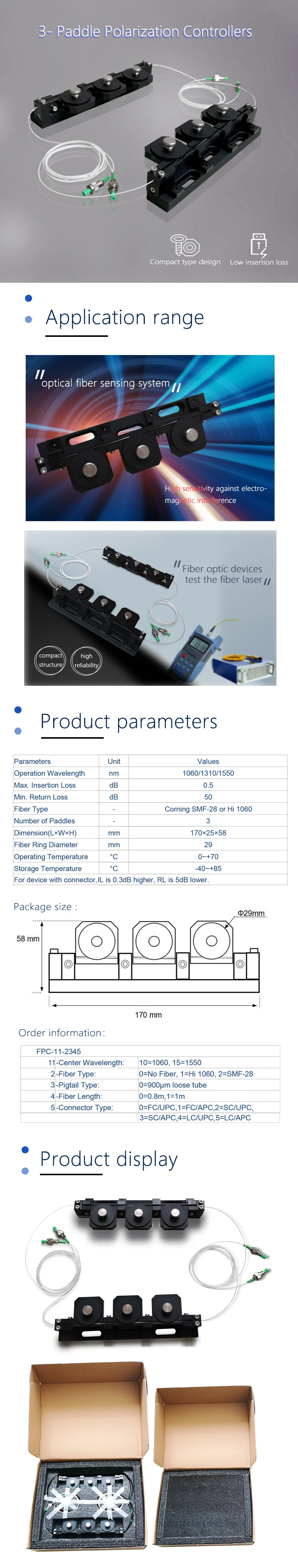 Singlemode 1060/1310/1550nm Black 3 Paddle Manual Mechanical Polarization Controller Green FC Connector 0.9mm SMF-28 Fiber 0.5dB