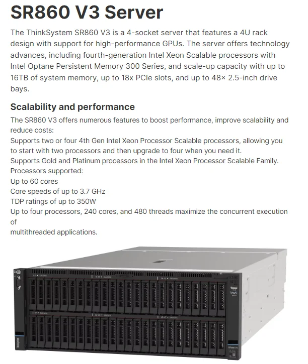 ThinkSystem SR860 V3 Is 4-socket Server That Features a 4U Rack Design with Support for up to Eight High-performance GPU 0