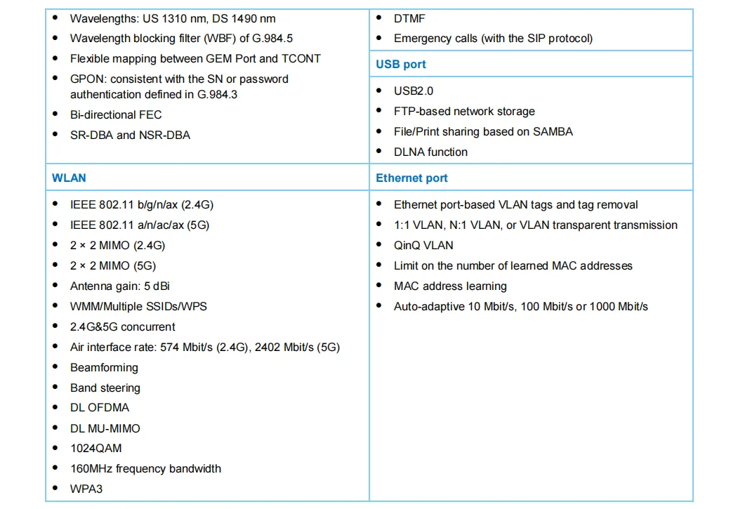 ONU ONT High Quality EG8145X6-10 GPON 4GE+2USB+1TEL+WIFI2.4G/5G WIFI6 Dual Band FTTH Fiber Optic Equipment