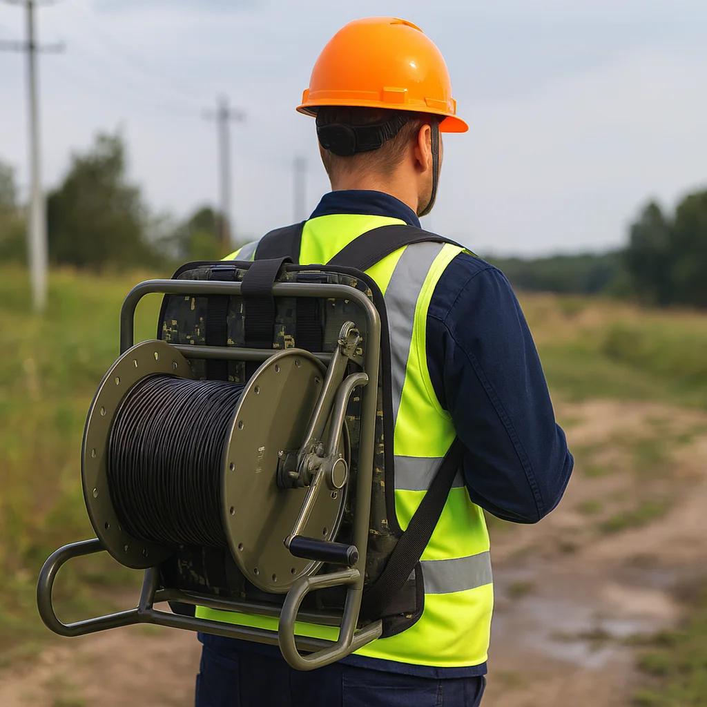 All Metal FTTA Fiber Optic Cable Reel with Shoulder Strap Double-Layer Spool Rocker Arm & 