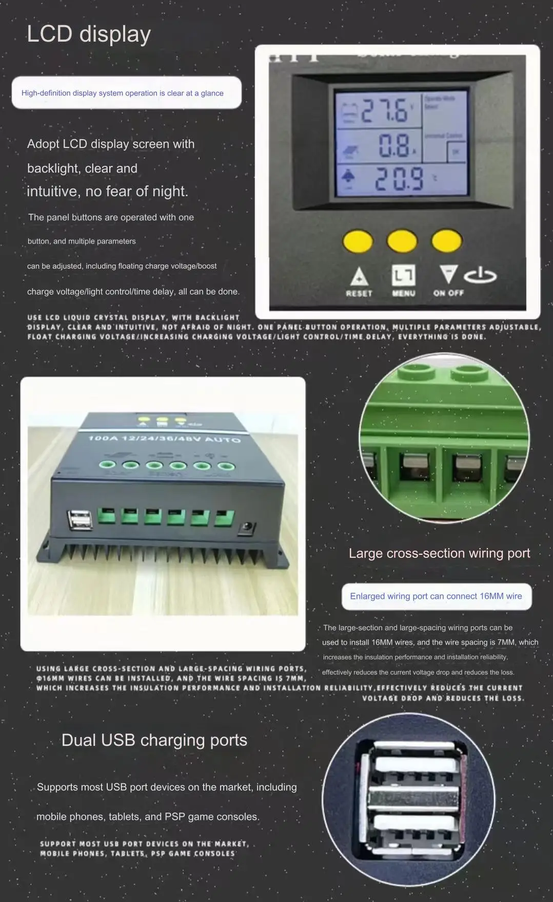 Super Hongfei MPPT 100A Solar PV Regulator 4000W 12V/24V/36V/48V Mppt Solar Charge Controller 60A Black