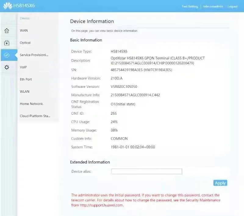 HiFiber ONU ONT Fiber Optic Equipment EG8145V5 EG8145X6 EG8120L HG8310M HG8546M XPON EPON GEPON GPON POE 4G WIFI TCP Networking