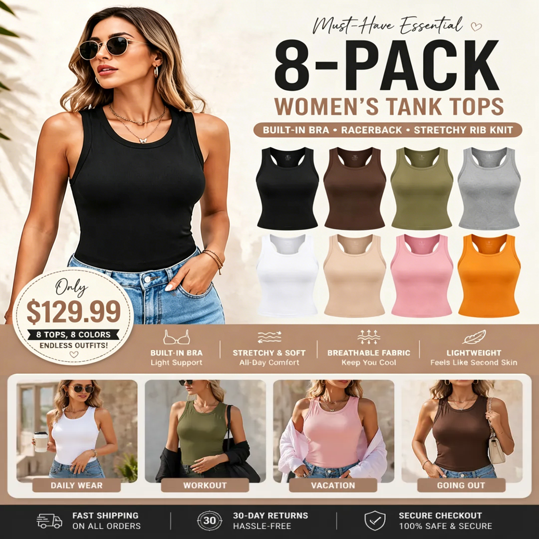 🔥Limited-time 50% off⏰Round Neck Built-in Bra Ribbed Tank Top💥
