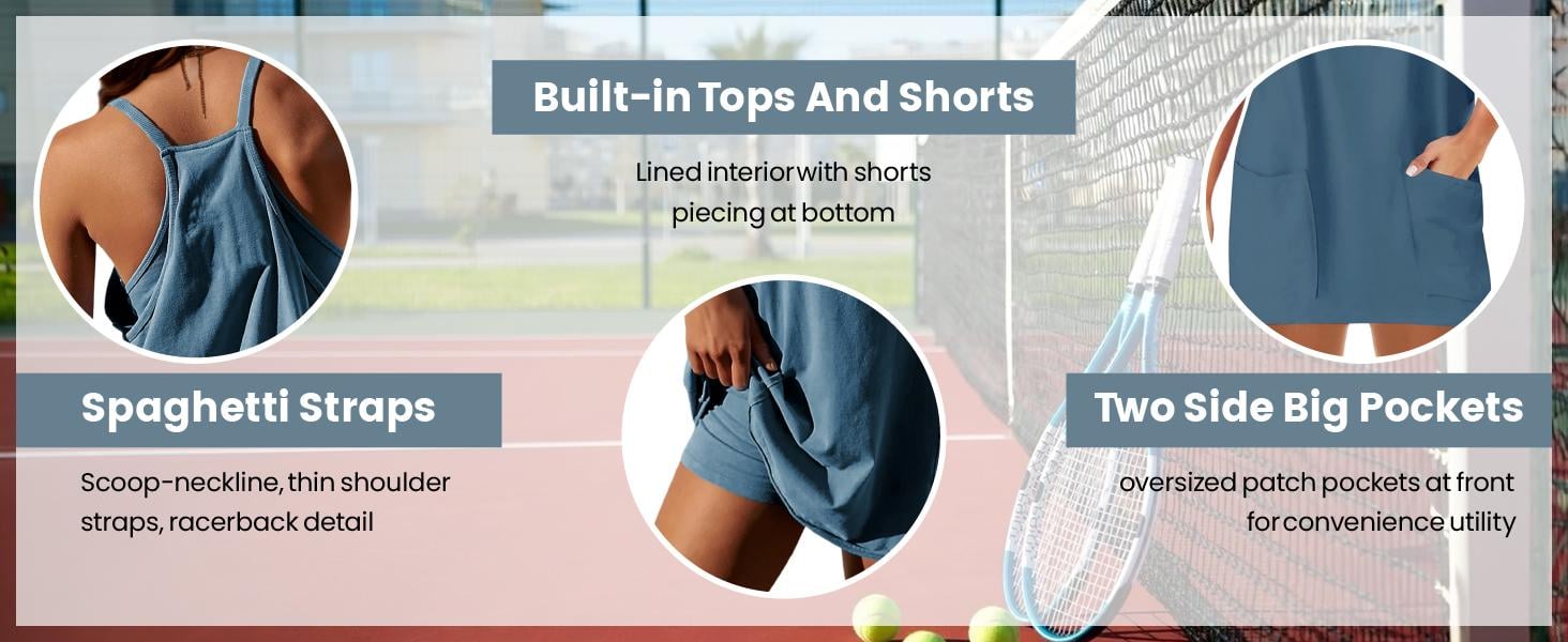 Women's Summer Sleeveless Mini Dress with Built-in Shorts V Neck Spaghetti Straps Athletic Shorts Tennis Dress with Pockets