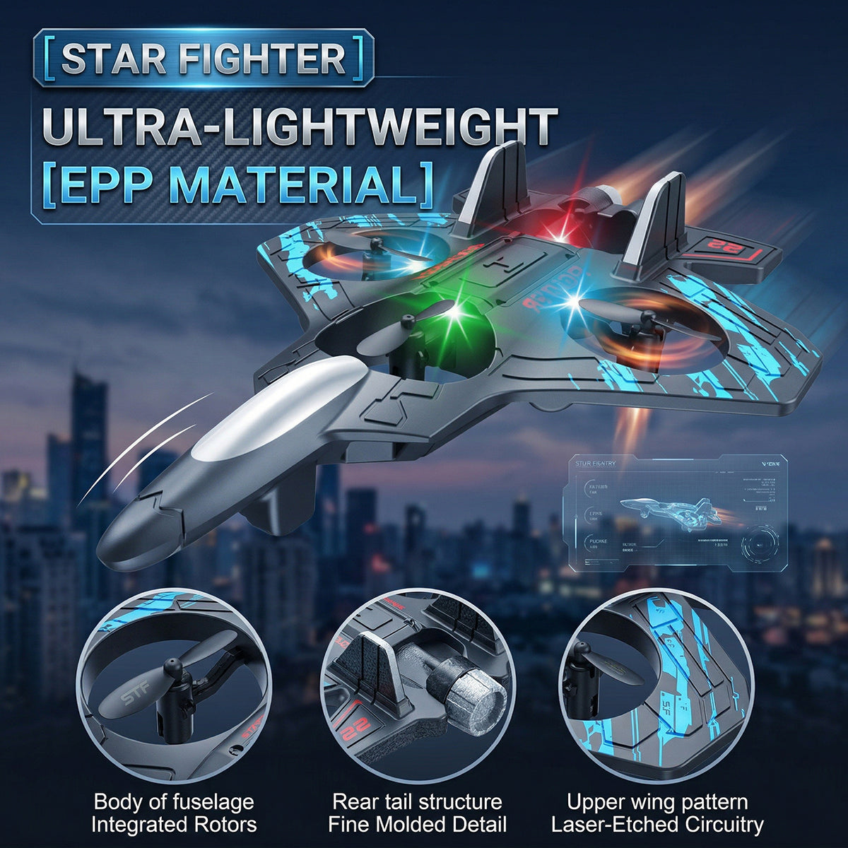 Foam Remote Control Airplanes, RC Plane with Light, RC Airplane Fighter Jet, 360° Flip, Stunt Roll, Airplane Drone for Men, RC Airplane (Blue)