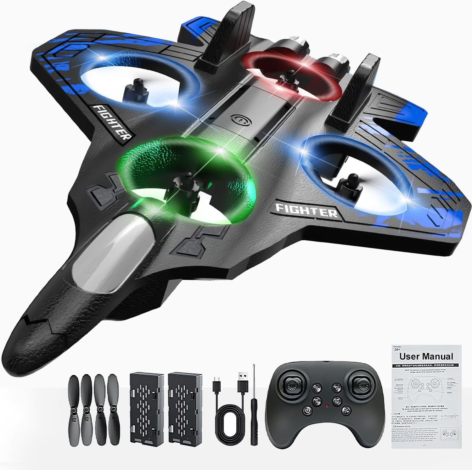 Foam Remote Control Airplanes, RC Plane with Light, RC Airplane Fighter Jet, 360° Flip, Stunt Roll, Airplane Drone for Men, RC Airplane (Blue)