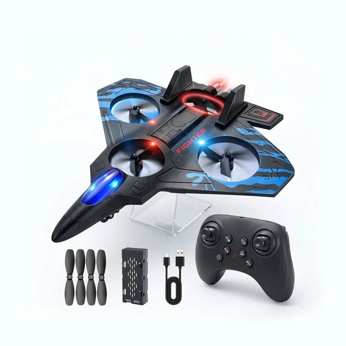 Foam Remote Control Airplanes, RC Plane with Light, RC Airplane Fighter Jet, 360° Flip, Stunt Roll, Airplane Drone for Men, RC Airplane (Blue)