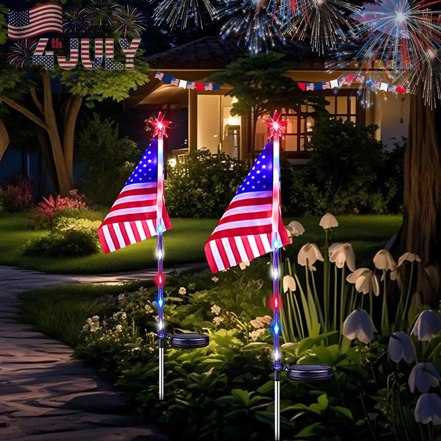 4th of July Decorations Outdoor Solar Lights, 10 Pack Red White and Blue American Flag Star Lights for National Day, Waterproof Patriotic Light for Independence Day 250th Anniversary Garden Yard Path