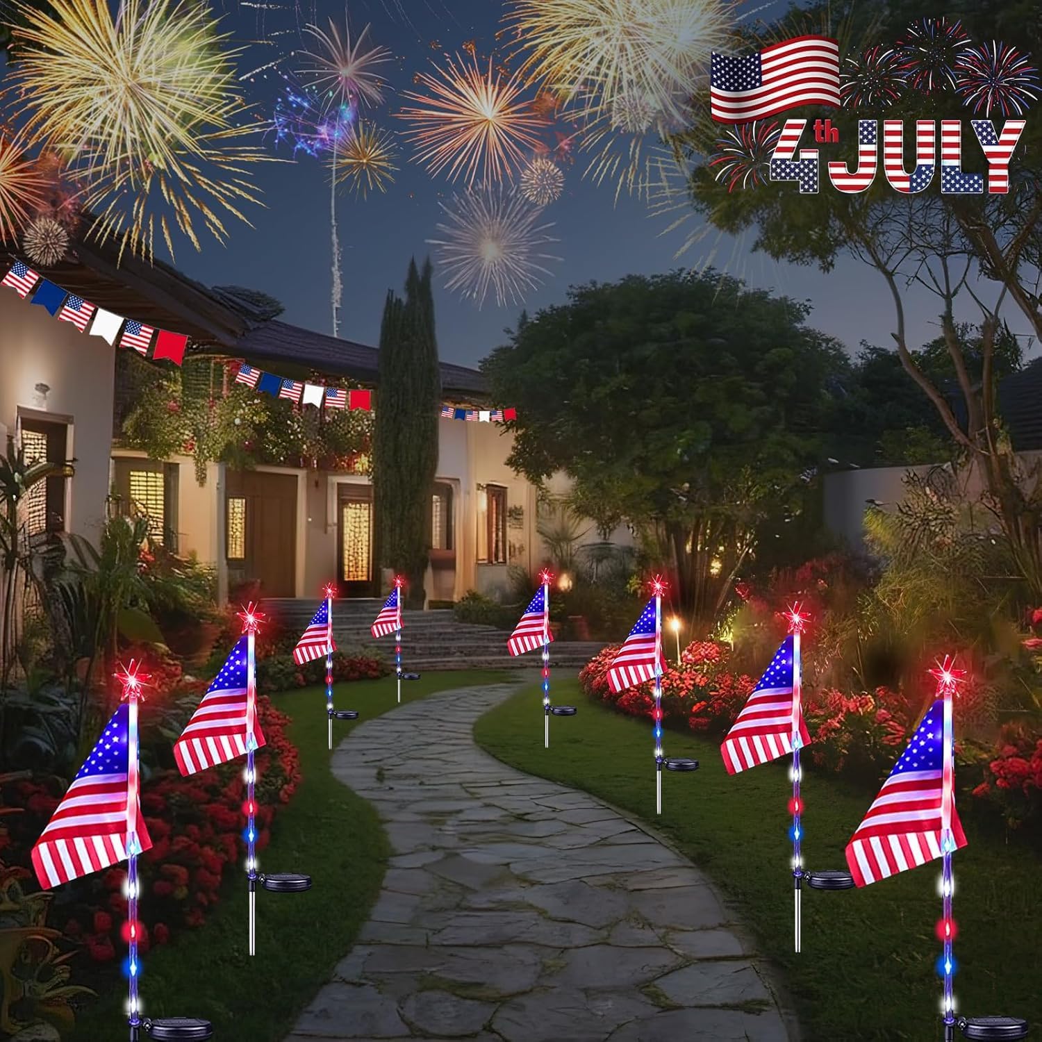 4th of July Decorations Outdoor Solar Lights, 10 Pack Red White and Blue American Flag Star Lights for National Day, Waterproof Patriotic Light for Independence Day 250th Anniversary Garden Yard Path