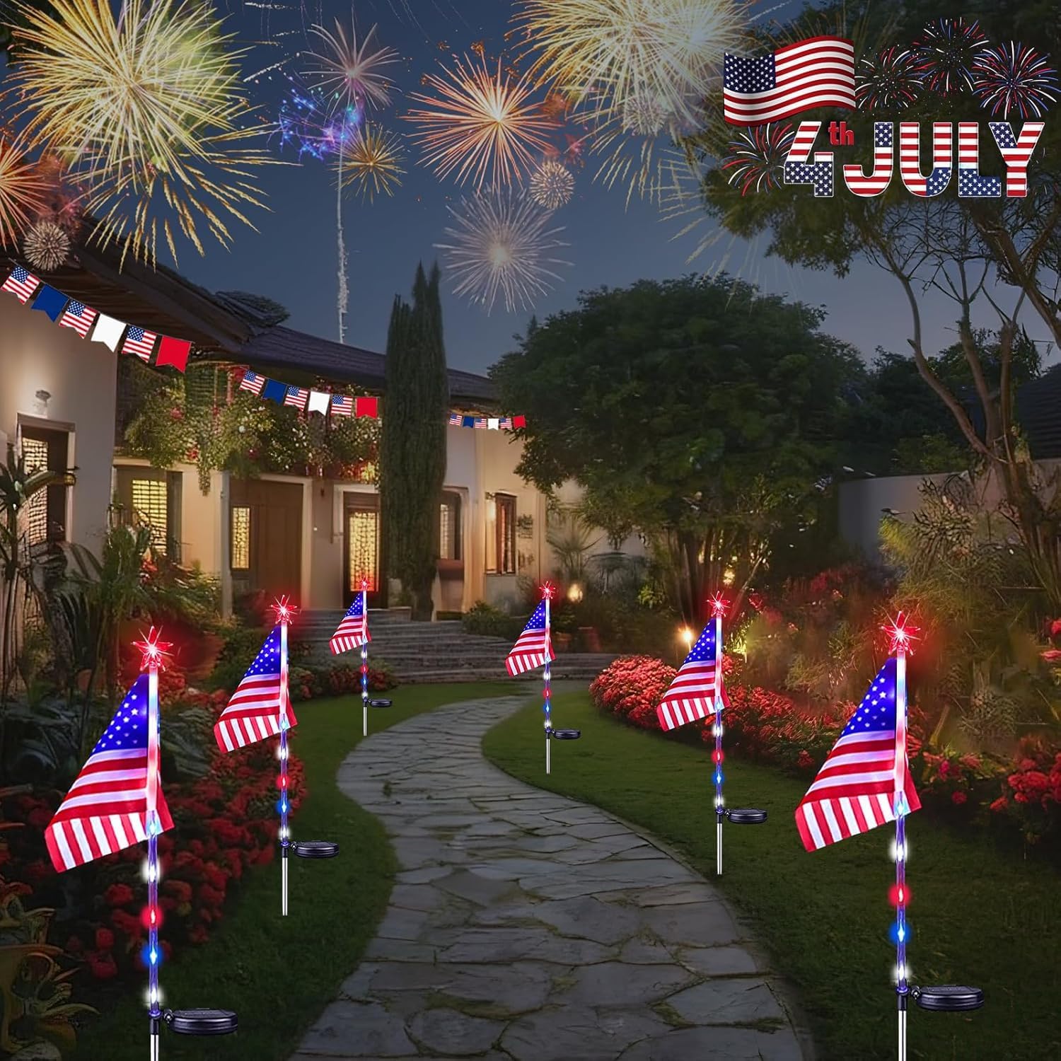 4th of July Decorations Outdoor Solar Lights, 10 Pack Red White and Blue American Flag Star Lights for National Day, Waterproof Patriotic Light for Independence Day 250th Anniversary Garden Yard Path