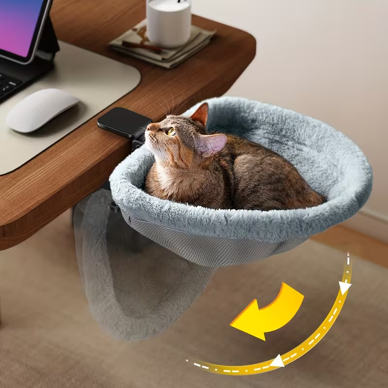 Desk Bed - One- Click Folding, Sunken Design & Space - Saving Semi - Circular Cat Bed Soft Faux Rabbit Fur Material, Suitable for Various Desktops - Maximum Hold Up to 40lb
