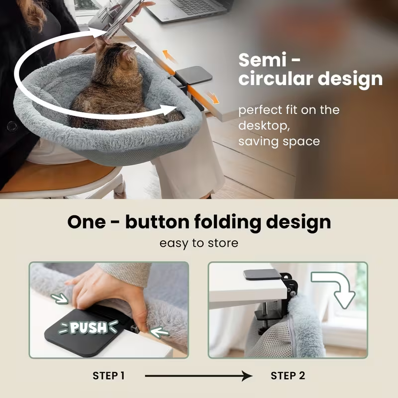 Desk Bed - One- Click Folding, Sunken Design & Space - Saving Semi - Circular Cat Bed Soft Faux Rabbit Fur Material, Suitable for Various Desktops - Maximum Hold Up to 40lb