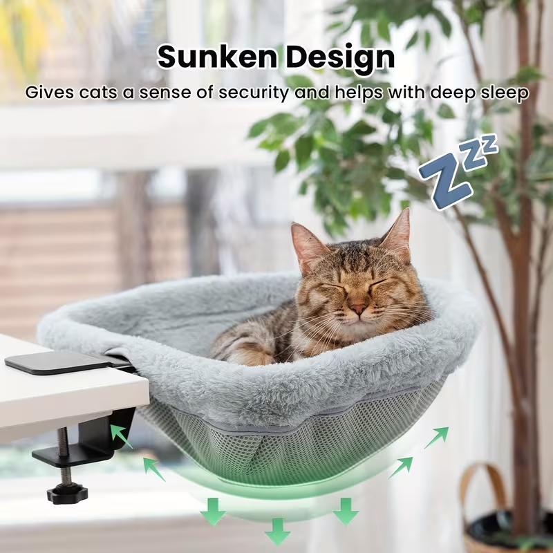 Desk Bed - One- Click Folding, Sunken Design & Space - Saving Semi - Circular Cat Bed Soft Faux Rabbit Fur Material, Suitable for Various Desktops - Maximum Hold Up to 40lb