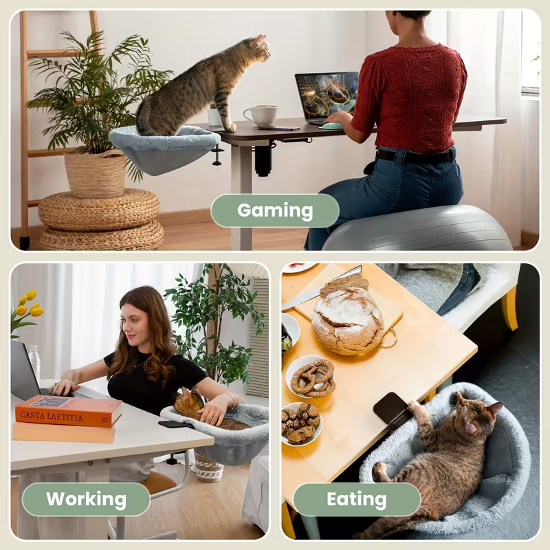 Desk Bed - One- Click Folding, Sunken Design & Space - Saving Semi - Circular Cat Bed Soft Faux Rabbit Fur Material, Suitable for Various Desktops - Maximum Hold Up to 40lb