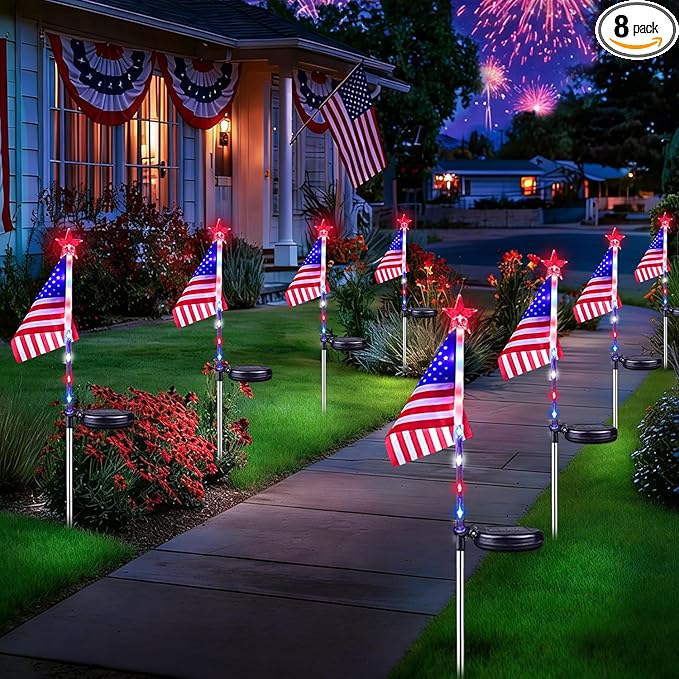 4th of July Decorations Outdoor Solar Lights, 10 Pack Red White and Blue American Flag Star Lights for National Day, Waterproof Patriotic Light for Independence Day 250th Anniversary Garden Yard Path